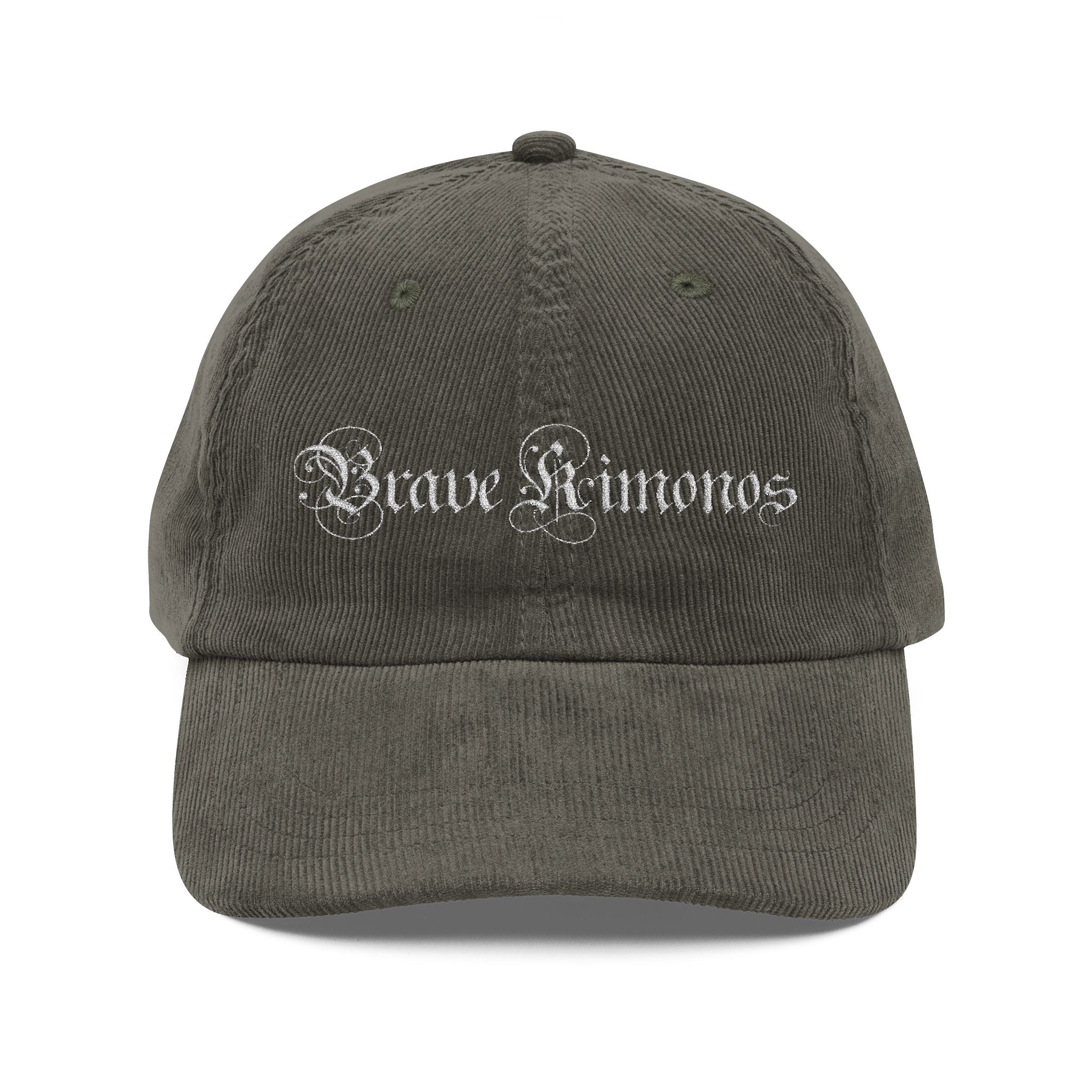 Vintage Corduroy Embroidered Cap — Retro Gothic Script Hat