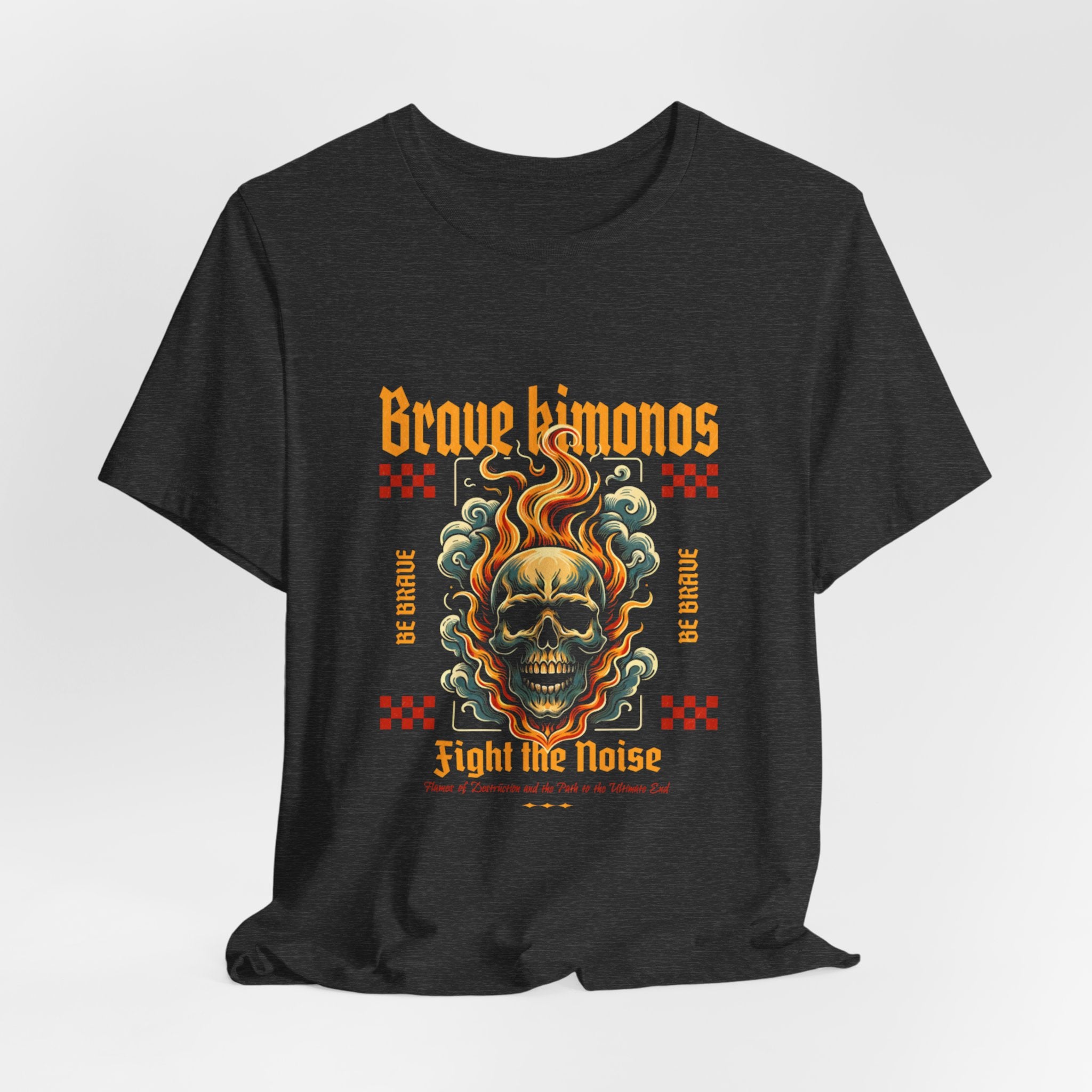 Graphic Tee — 'Brave Kimonos' Flaming Skull Design, Fight the Noise Band Shirt