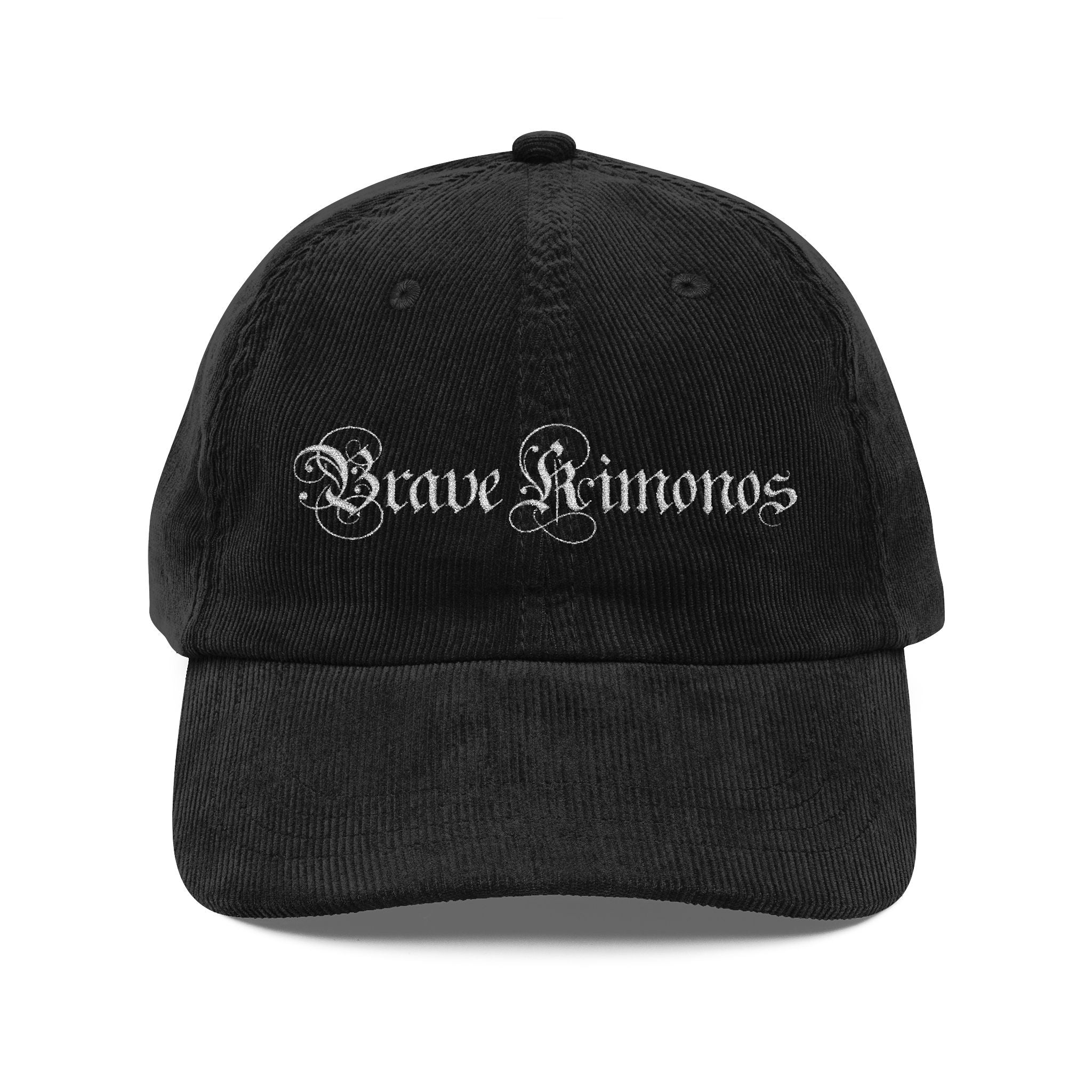 Vintage Corduroy Embroidered Cap — Retro Gothic Script Hat