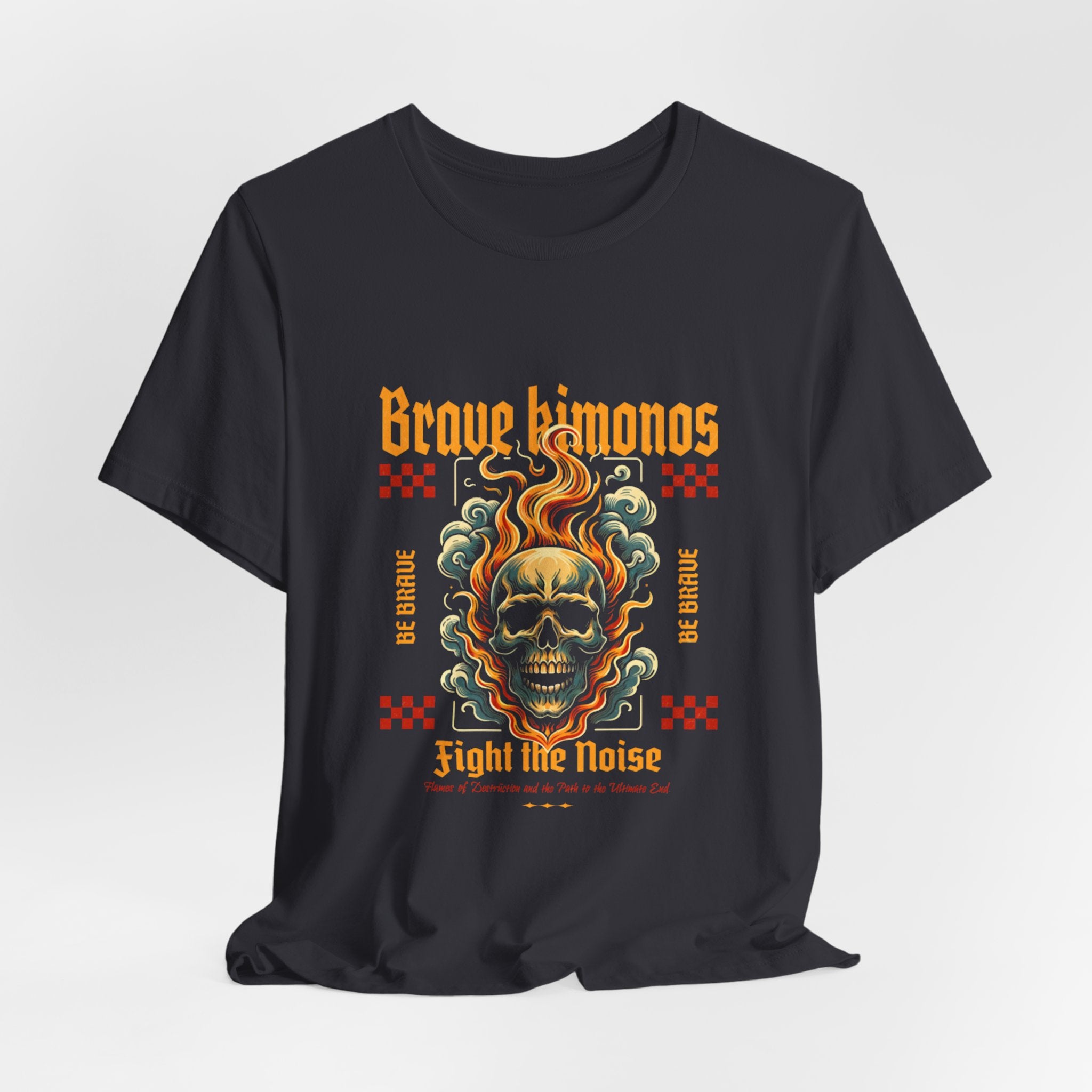 Graphic Tee — 'Brave Kimonos' Flaming Skull Design, Fight the Noise Band Shirt
