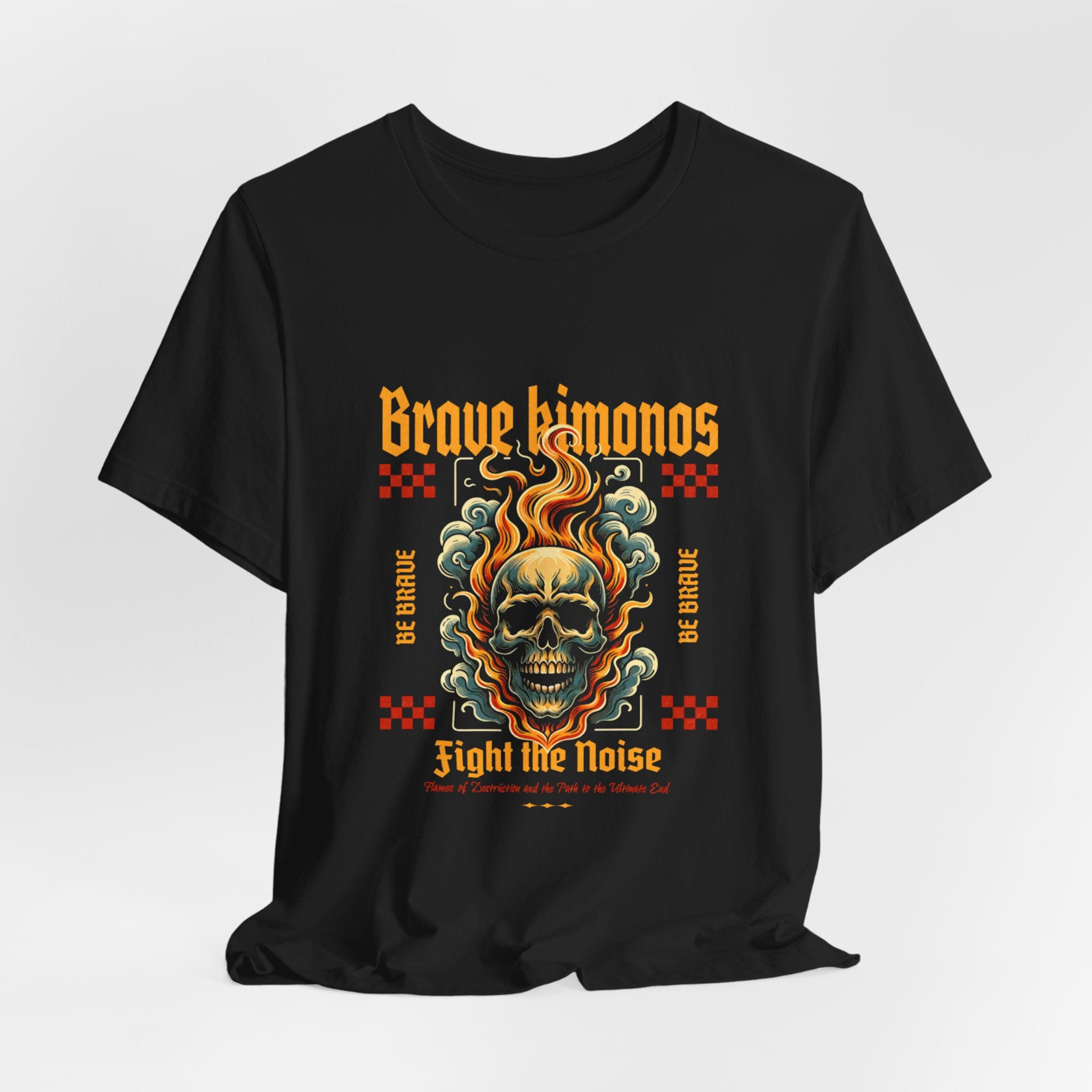 Graphic Tee — 'Brave Kimonos' Flaming Skull Design, Fight the Noise Band Shirt