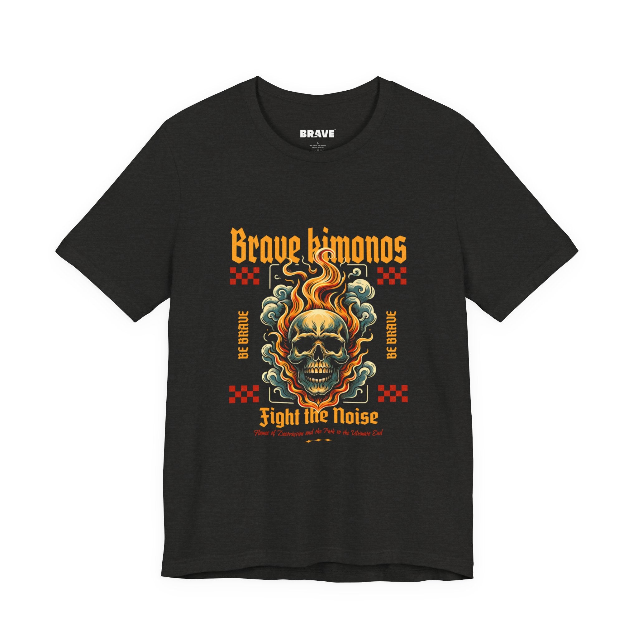 Graphic Tee — 'Brave Kimonos' Flaming Skull Design, Fight the Noise Band Shirt
