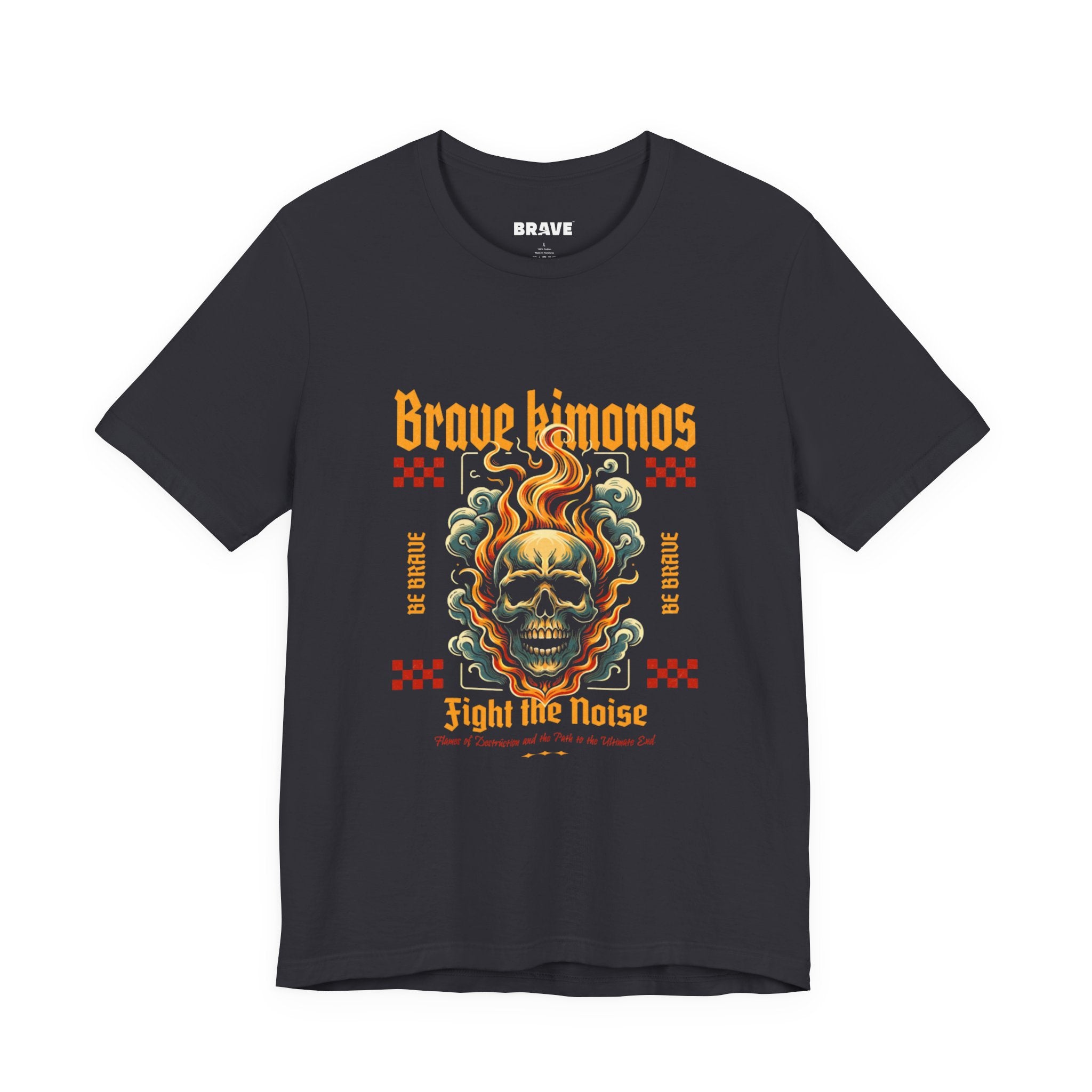 Graphic Tee — 'Brave Kimonos' Flaming Skull Design, Fight the Noise Band Shirt